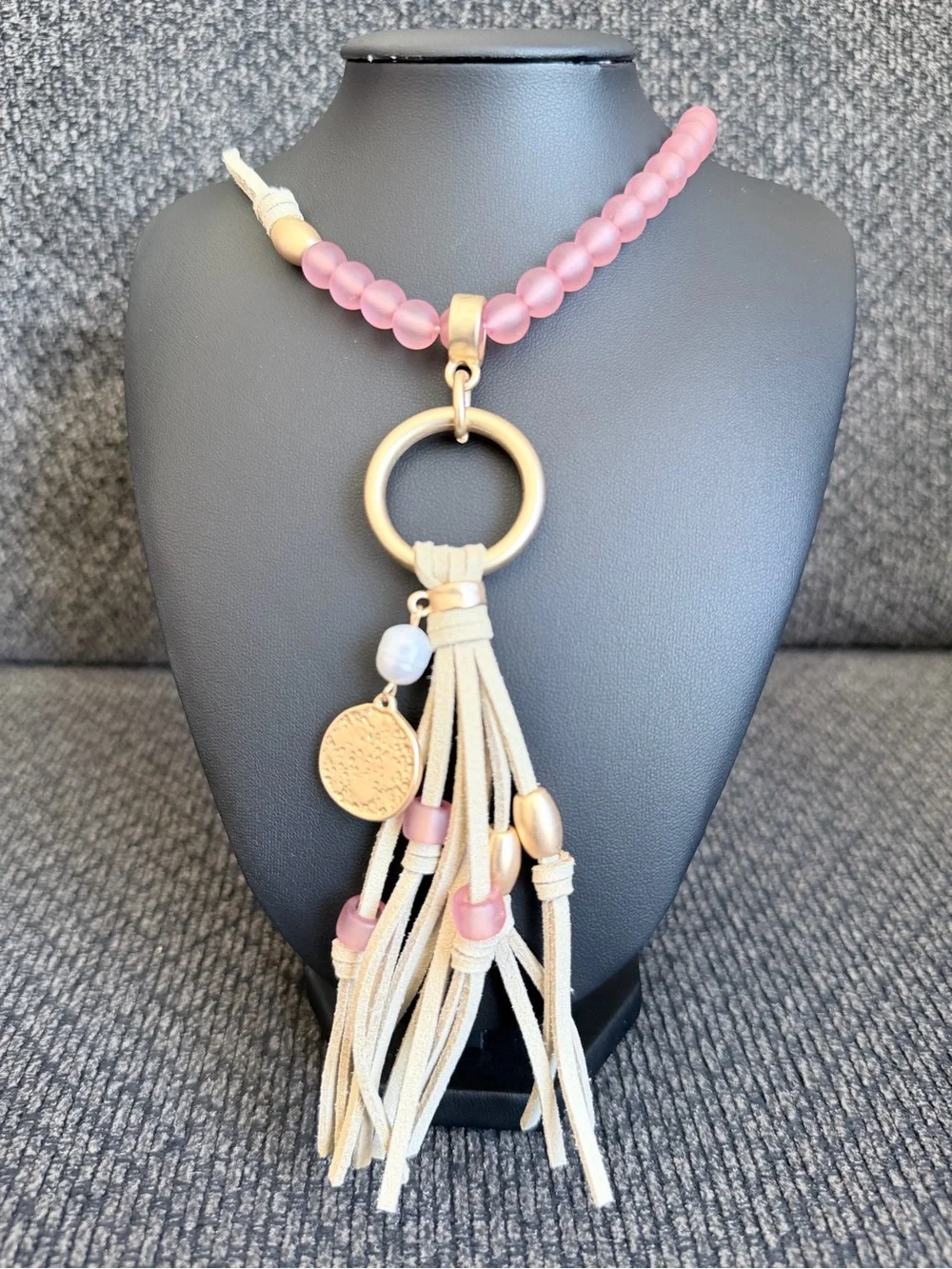 Plunder Beaded Pink and Gold Tassel Pendant Necklace